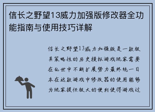 信长之野望13威力加强版修改器全功能指南与使用技巧详解